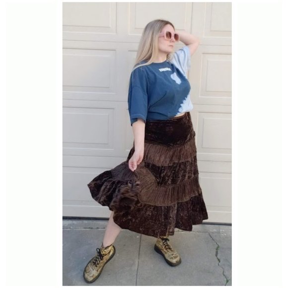 5/$100 SALE - NEW Vintage Brown Velvet Fairy Grunge Tiered Midi Skirt - Picture 1 of 6